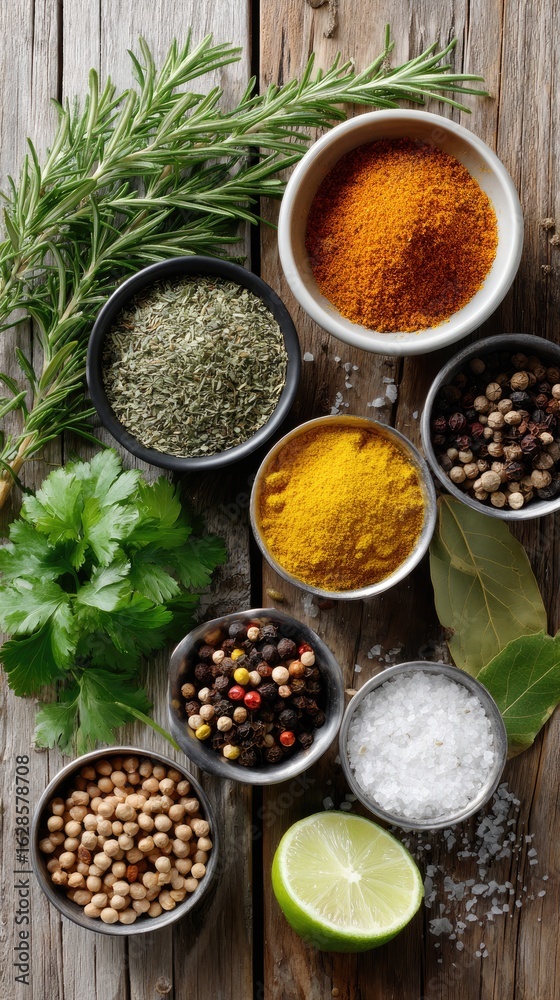 Fototapeta premium This arrangement showcases aromatic spices and herbs featuring cayenne pepper powder, black chilies, and fresh lime leaves among others