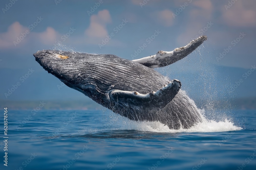Obraz premium Humpback whale breaching in clear blue ocean during sunny day