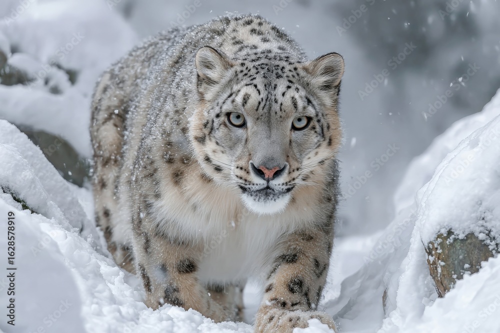 Obraz premium Snow leopard walks through snowy landscape in the mountains during winter season