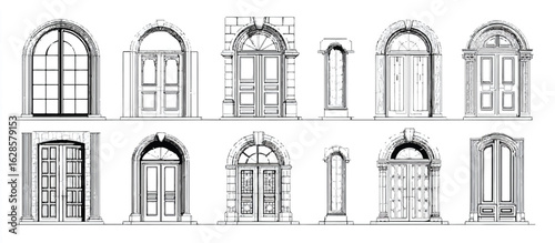 Architectural Blueprint Sketches of Various Ornate Doors and Entryways showcasing Classic Design Elements and Structural Details perfect for architectural illustrations and construction references