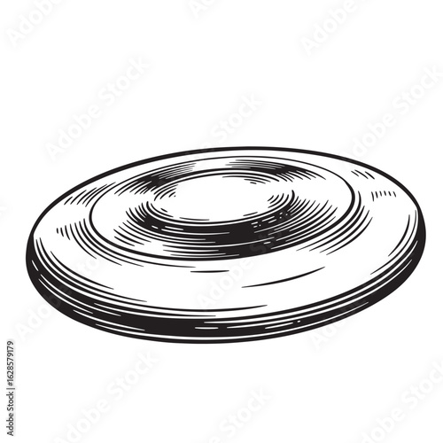 Hand drawn illustration of a frisbee in black and white isolated on white background