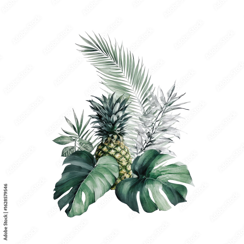 Fototapeta premium Tropical foliage arrangement with pineapples, various leaf shapes in muted greens and whites