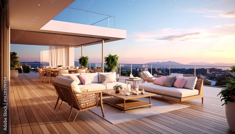 Fototapeta premium Outdoor Living on Modern Rooftop Terrace at Sunset