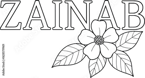 ZAINAB in Bold Monogram Above Five-Petal Bloom — Custom Floral Name Design with Detailed Center and Veined Leaf Accents in Black and White for Coloring, Decor, and Personal Expression