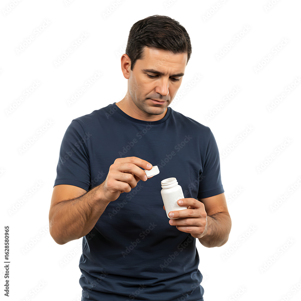 Man opening a bottle of pills or supplements for health and wellness medication and daily vitamins routine on transparent background Man opening a bottle of pills or supplements for health and wellness medication and daily vitamins routine on transparent background