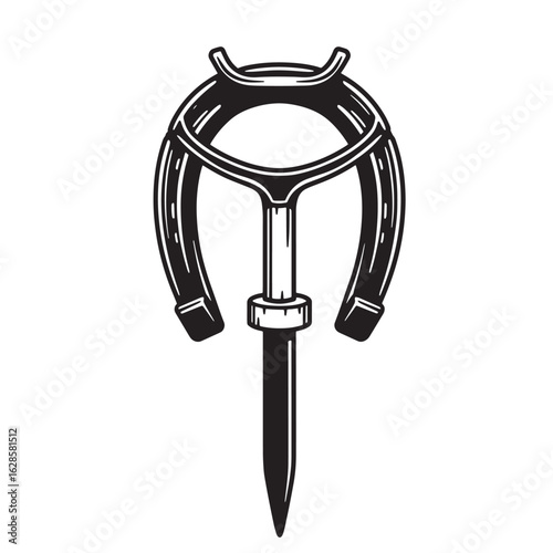 Vintage black and white horseshoe with nail design representing horse equipment and luck