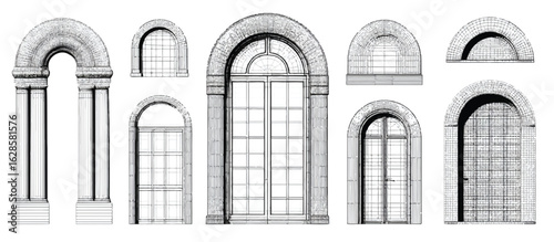 Architectural Renderings of Arched Doorways and Windows Showcasing Classic and Modern Designs with Wireframe Detailing