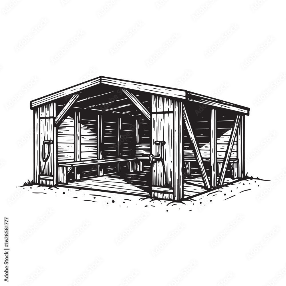Obraz premium Vintage wooden shelter illustration in engraving style showcasing rustic architecture and design