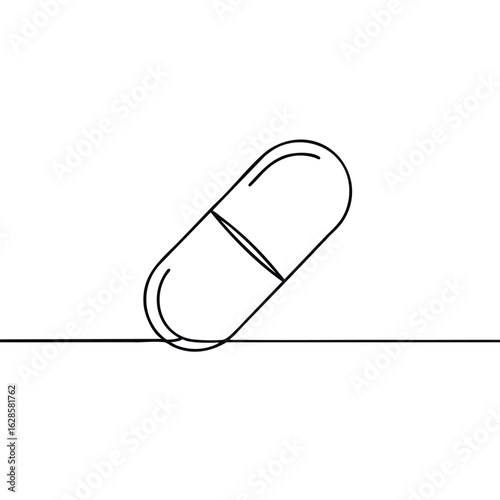 A sleek, minimalist continuous line art drawing depicts a single pharmaceutical capsule, symbolizing modern medicine, health, and wellness in a clean, abstract style.