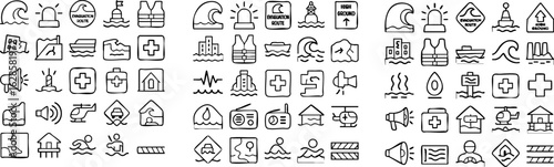 Hand drawn icon set for tsunami and flood disaster awareness.