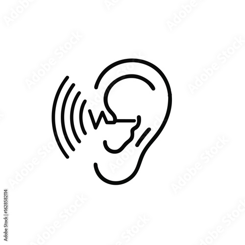 A sleek black line art icon depicts a human ear with radiating sound waves, symbolizing hearing, audio perception, and auditory communication in a minimalist design.