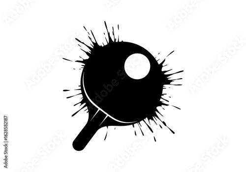 Ping pong paddle and ball illustration with ink splashes, dynamic, artistic, black and white design.