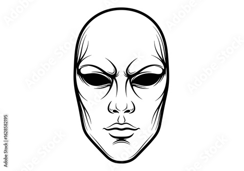 Alien face illustration, artistic, black and white, conceptual design.