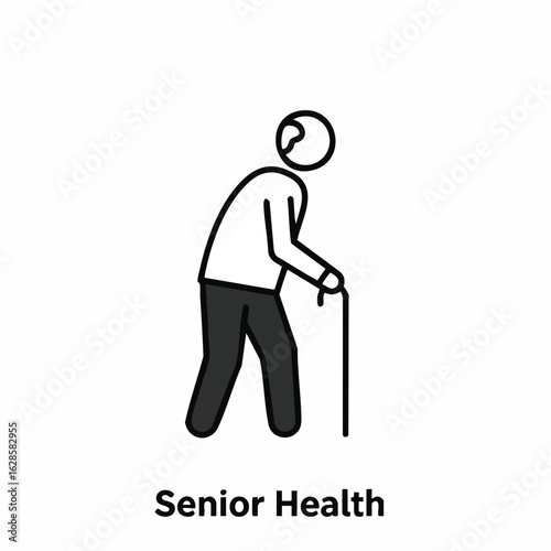 A minimalist line art icon depicts an elderly individual using a walking cane, symbolizing concepts of senior health, aging, and support for the elderly.