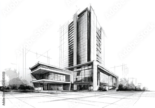 Architectural Sketch of Modern High Rise Building Design Illustration with Glass Facade and Commercial Spaces on White Background