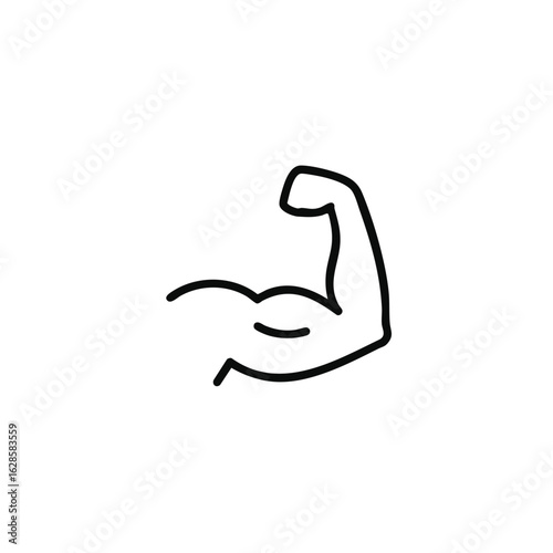 A simple, bold line art icon of a flexed human bicep, powerfully symbolizing physical strength, fitness, and determination for an active, healthy life.