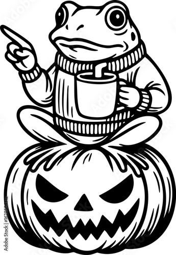 Frog sitting on a scary Halloween pumpkin drinking coffee, witchy spooky scene in black and white outline, cute and creepy style illustration for kids and festive decor
