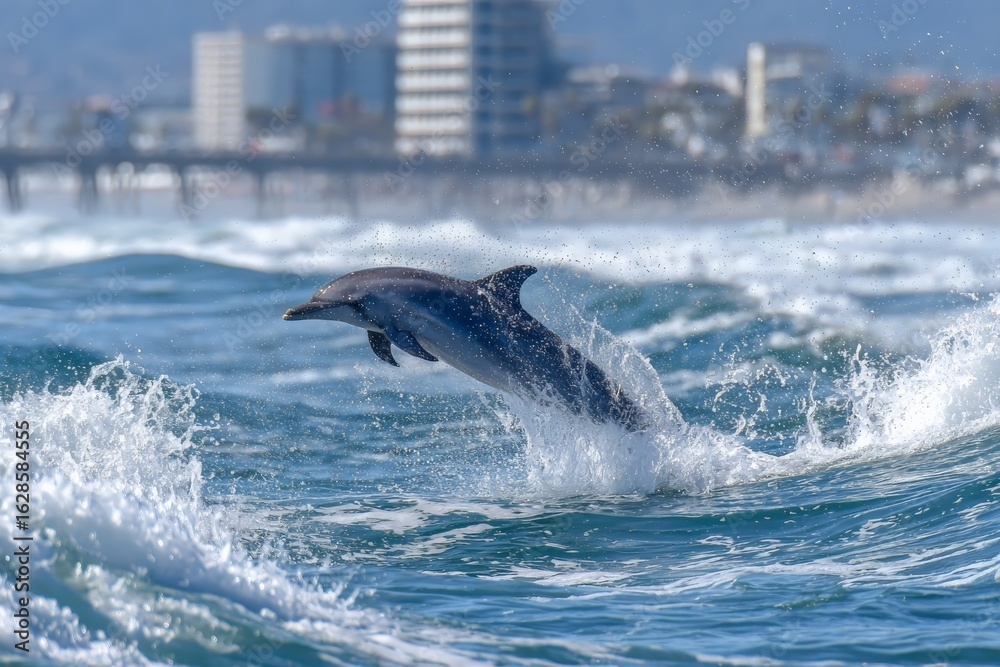 Naklejka premium Dolphin leaps through ocean waves against coastal backdrop in sunny weather during daytime