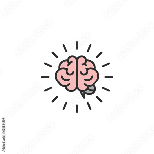 A vibrant pink brain icon with radiating lines symbolizes insightful thinking, creative ideas, and innovative solutions for mental clarity and intelligence.