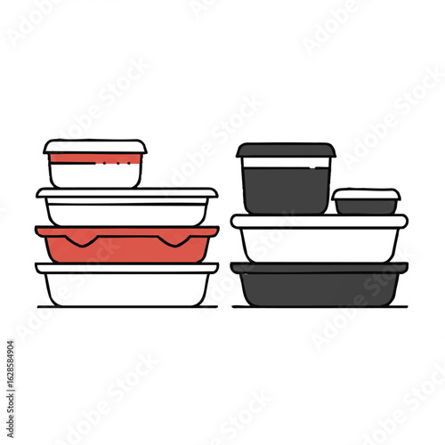 A clean illustration depicting various stackable food containers, perfect for meal preparation, healthy eating, and efficient kitchen organization.