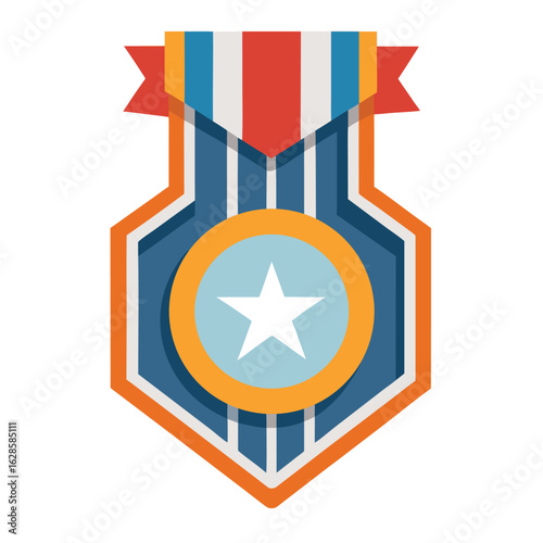 Flat Design Award Medal:  Patriotic Star Badge, Achievement Icon,  Celebration Graphic,  Vector Illustration.