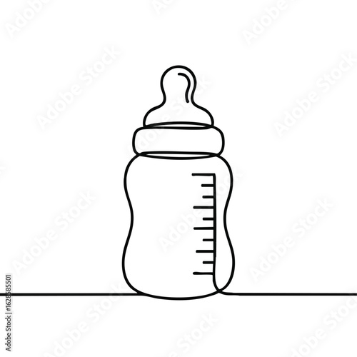 A minimalist continuous line art drawing beautifully illustrates a classic baby feeding bottle, symbolizing infant nutrition, care, and early childhood development.