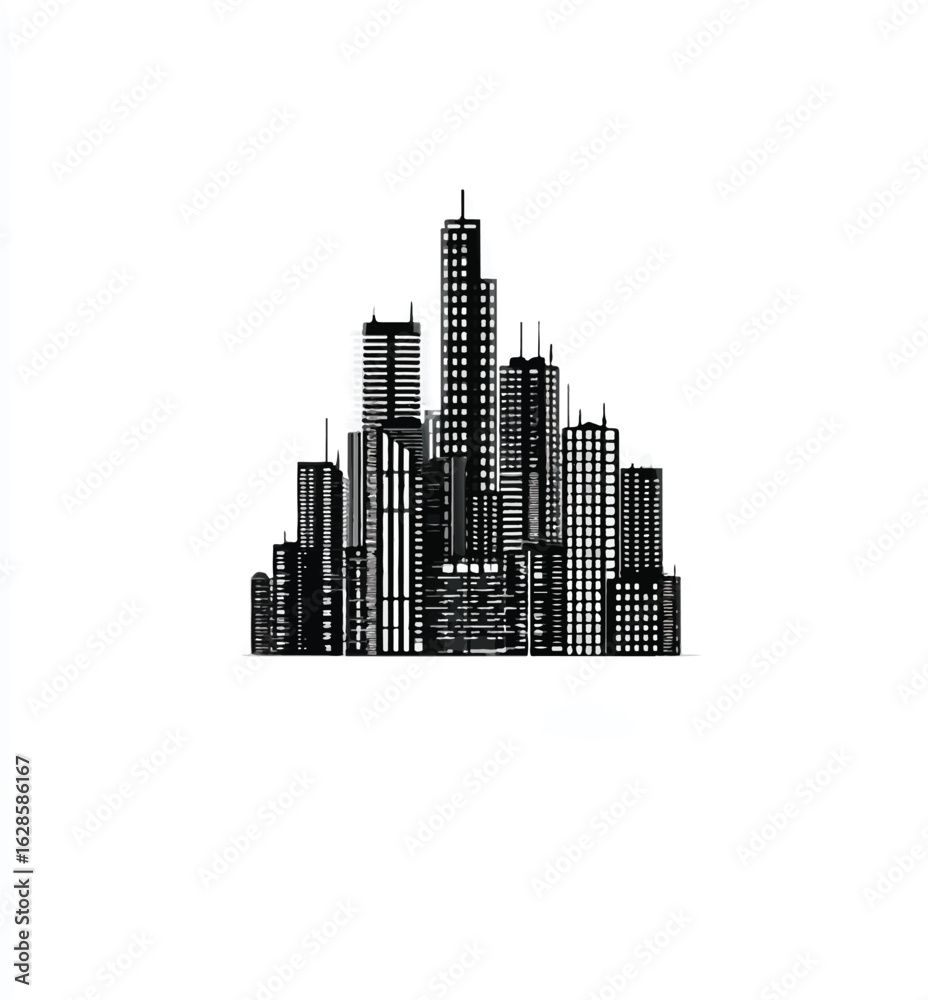 Naklejka premium Black and White Cityscape Silhouette Illustration Urban Skyline Modern Architecture Vector Graphic Design Creative Concept Building Exterior Tower Skyscraper Metropolitan Scene Art