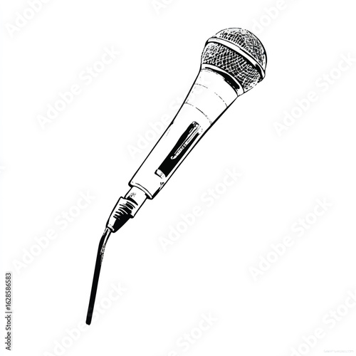 Black and white illustration of a microphone isolated on white for music events and audio recordings emphasizing vocal performances