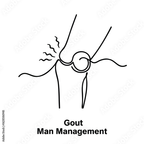 A simple black and white line art illustration depicts the painful inflammation of a knee joint, symbolizing the debilitating effects of gout and chronic arthritis.