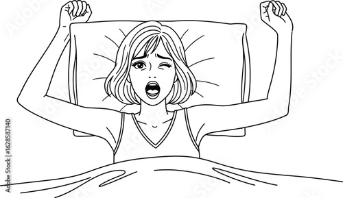 Woman waking up stretching in bed morning routine vector graphic