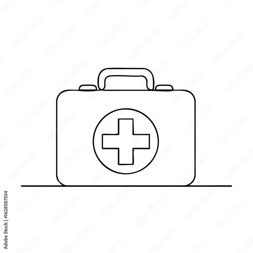 A simple line drawing depicts a first aid kit, a symbol of health, safety, and emergency preparedness, essential for medical assistance. A simple line drawing depicts a first aid kit, a symbol of health, safety, and emergency preparedness, essential for medical assistance.