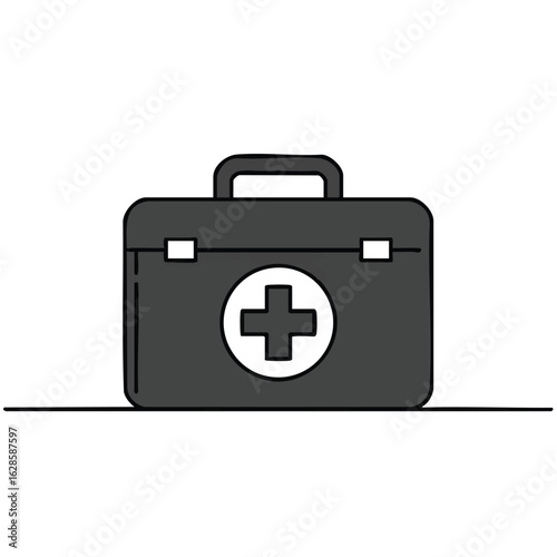 A simple illustration depicts a first aid kit, a symbol of medical assistance, containing essential supplies for immediate care and emergency situations.
