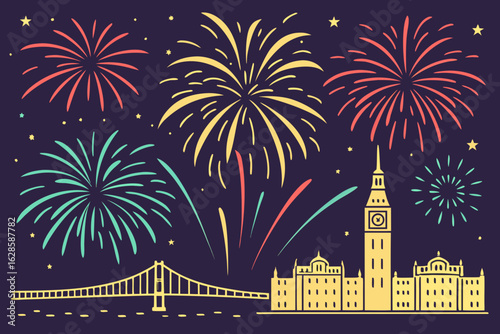 A burst of colorful fireworks in the dark sky with a glowing effect vector illustration