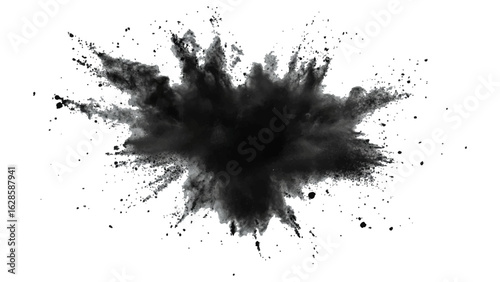 Abstract powder splatted on white background, Black vibrant paint black powder explosion with dark colors isolated white background.
