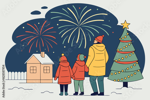 A flat design New Year scene with a family watching fireworks vector illustration