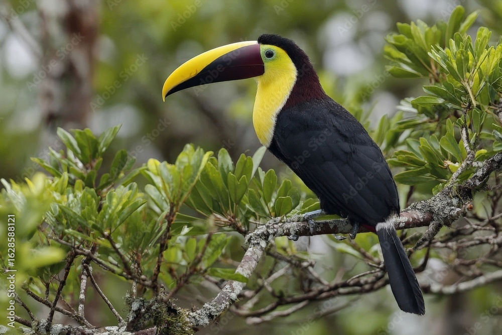Obraz premium Colorful toucan perched on a branch in a lush rainforest environment during early morning hours