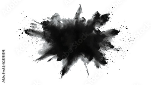 Abstract powder splatted on white background, Black vibrant paint black powder explosion with dark colors isolated white background.