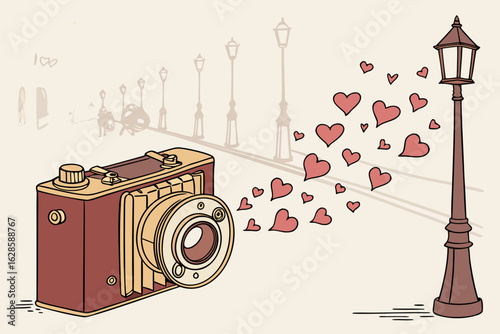 A vintage camera with hearts shooting out like a camera flash vector illustration