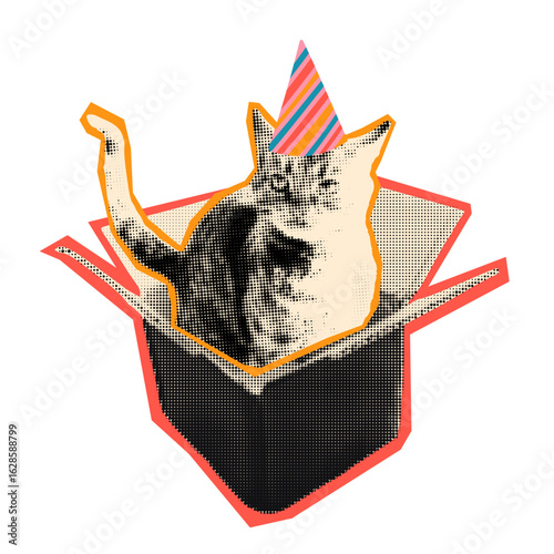 Trendy element for collage. Halftone cat in striped party hat sit in gift box. Happy birthday celebration concept Modern retro vector illustration on transparent background for mixed media design