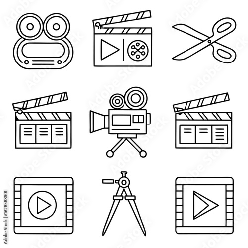 Collection of outline style movie making icons including camera, clapper boards, film, and editing tools