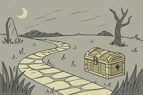 A flat landscape with a stone path leading to a golden temple vector illustration