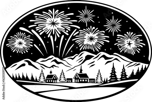 Fireworks over a snowy mountain town celebrating the New Year vector illustration