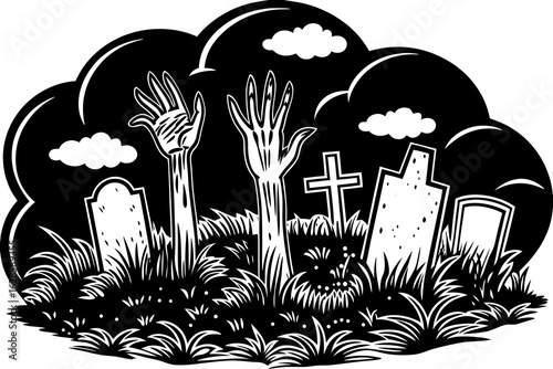 A graveyard scene with undead hands rising from the ground vector illustration