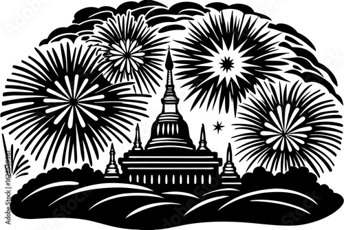 A golden temple silhouette against a firework filled sky vector illustration