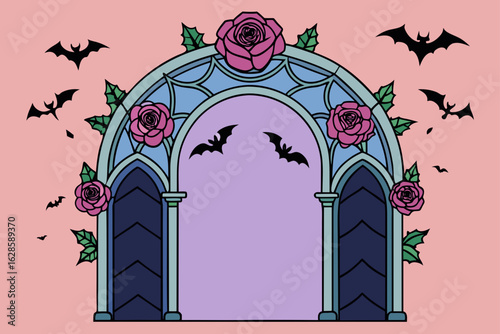 An ornate gothic archway with dark roses and flying bats vector illustration