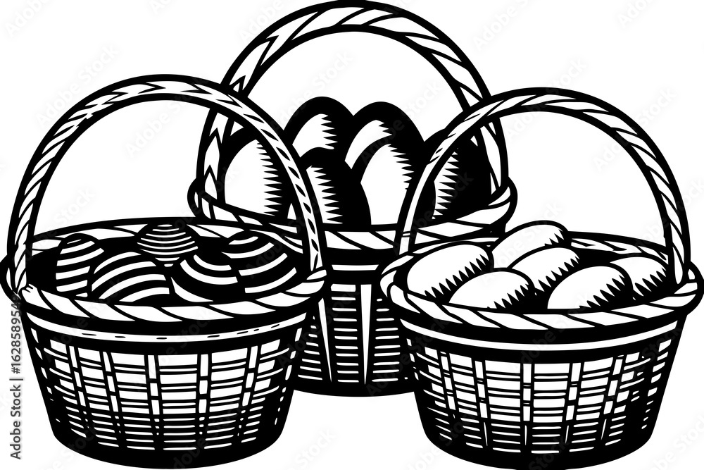 Fototapeta premium A pattern of woven baskets filled with colorful Easter eggs vector illustration