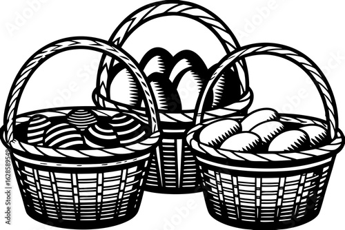 A pattern of woven baskets filled with colorful Easter eggs vector illustration