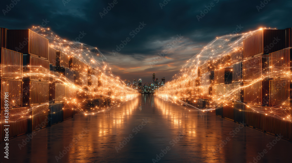 Fototapeta premium Digital network connections flow over shipping containers port with city skyline background during dusk, symbolizing global trade and technology