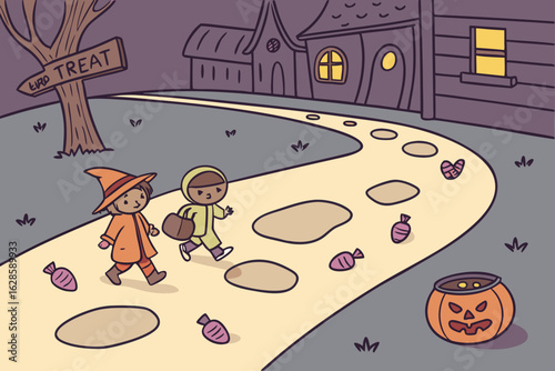 A trick or treat candy trail with spooky footprints vector illustration