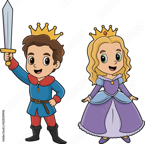 PrinCartoon prince and princess in royal costumes with crown and sword, perfect for fairy tale, kids storybook, fantasy, animation projects.t